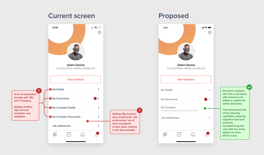 Before and after screens of the App profile page
