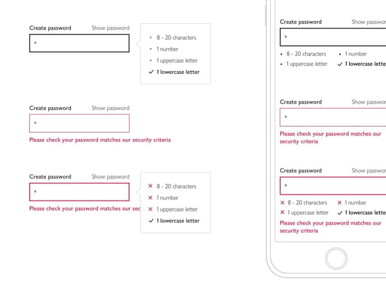 Password criteria when creating a new password