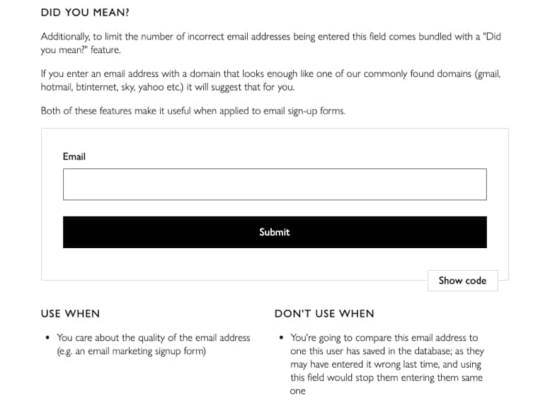 Email instructions screenshot from the design system