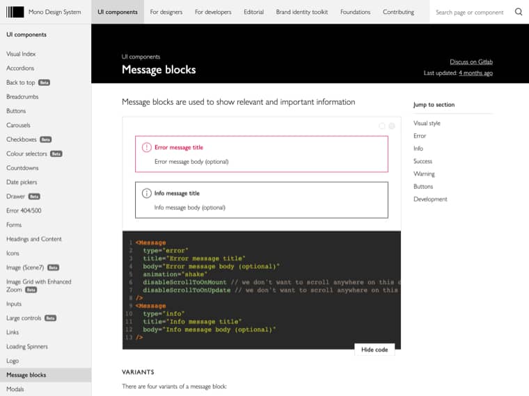 Messaging screenshot from the design system