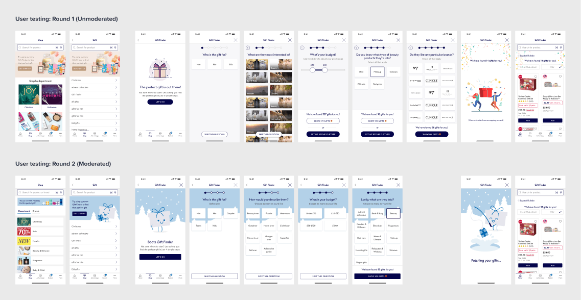 Prototype flows for two rounds of usability testing